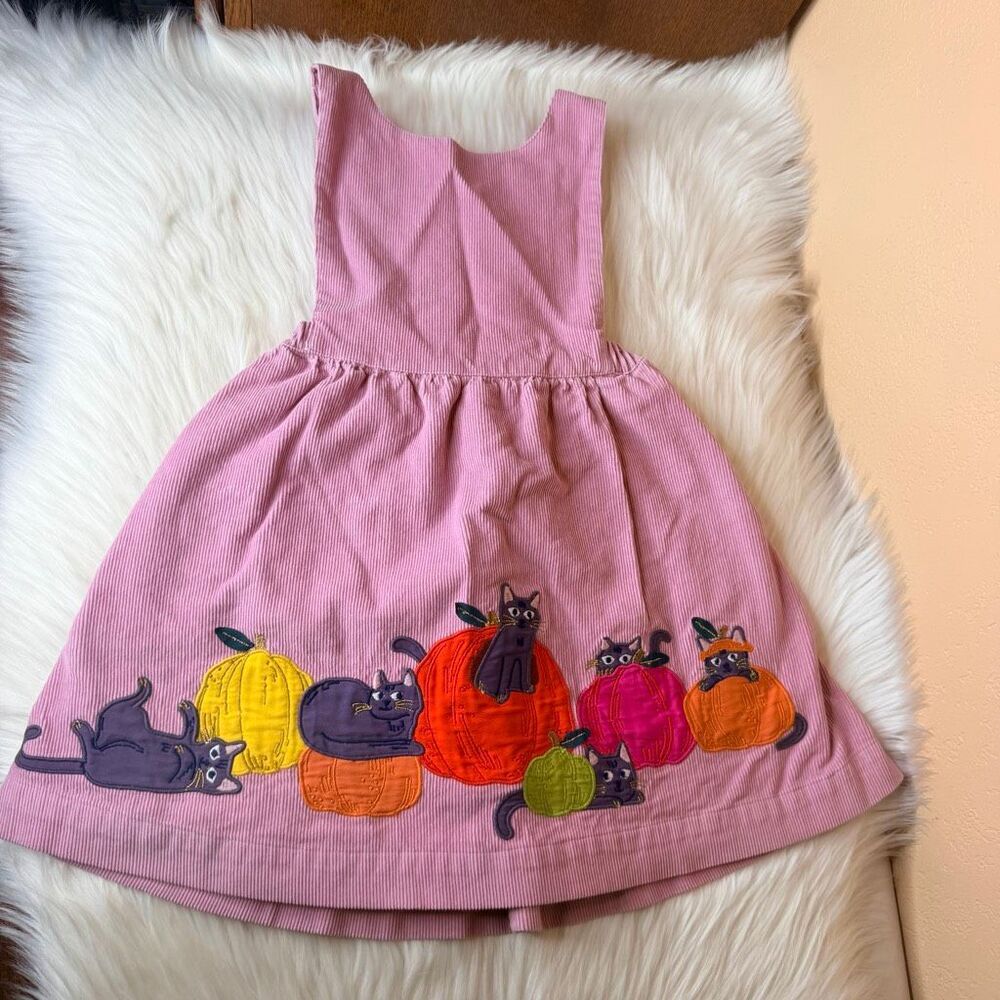 Mini Boden Pumpkin & Cat Appliqué Corduroy Pinafore Dress Size 4-5 Years
